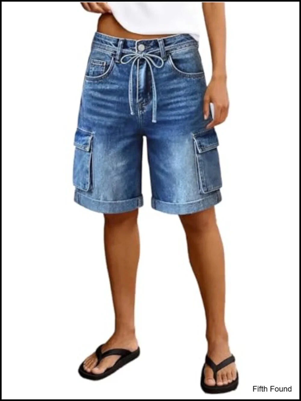 Wide Leg Bermuda Shorts High Rise Washed Flap Pocket Roll Hem